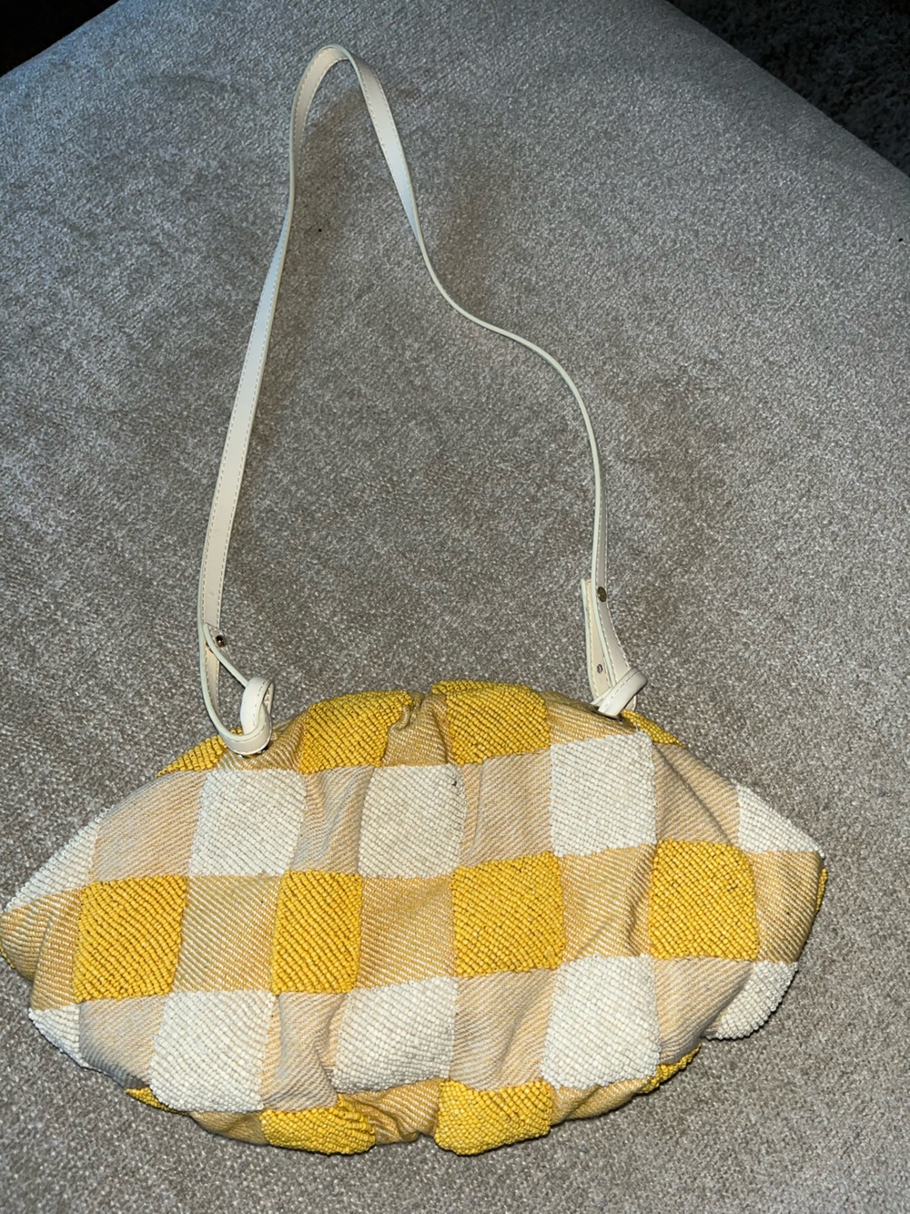 Zara Yellow and Cream Quilted Check Shoulder Bag with White Strap